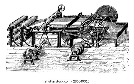 Cutting machine lengthwise and crosswise, vintage engraved illustration. Industrial encyclopedia E.-O. Lami - 1875.
