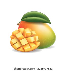 Schneide Mango. Roter, gelochter grüner Mangos-Zellstoff, reifer Saft in quadratische Stücke Fleisch Frucht 3D-Cartoon einzelne Vektorgrafik