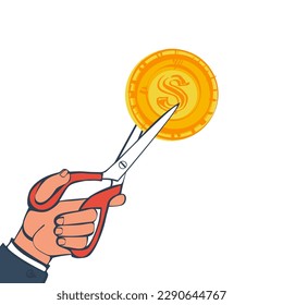 Cutting money, scissors in hands men, cutting dollar coin. Cost reduction. Half price.  Vector illustration sketch design. Isolated on background. Bill for two. Big discount.