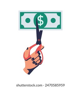Cutting money, scissors in hands men, cutting dollar banknote. Cost reduction. Half price.  Vector illustration flat design. Isolated on background. Bill for two. Big discount.
