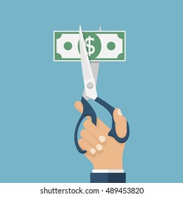 Cutting money, scissors in hands men, cutting dollar banknote. Cost reduction. Half price.  Vector illustration flat design. Isolated on background. Bill for two. Big discount. svg