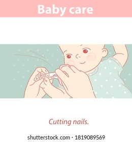 Cutting nails of baby. Taking care for little baby boy or girl. Parent hold hand of baby and clip nails with little scissors.  Color vector illustration.