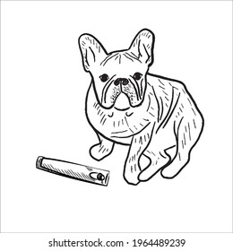 Cutting the nails of the dog. vector. black and white drawing