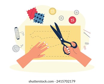 Cutting out clothes patterns on fabric, craft vector illustration.