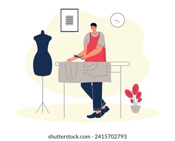 Cutting out a shirt pattern that has been made on fabric by a tailor, craft vector illustration.