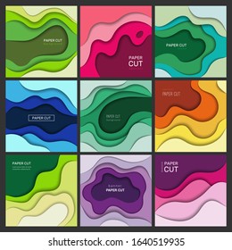 Cutting paper banners. Origami abstract waves with shadows colorful shapes vector backgrounds