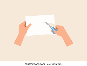cutting paper by scissor, hand holding paper illustration