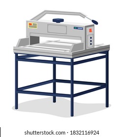 Icono de corte de papel. Elemento de imprenta. Diseño gráfico de calidad superior de equipos de estudio de impresión, guillotina manual para el papel aislado. Máquina de mano para tipografía sobre la mesa