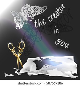 Cutting of paper flying butterfly. vector illustration, origami crafts. Screen background. Black. Written text, the creator in you