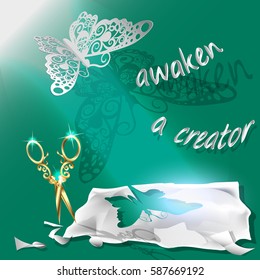 Cutting of paper flying butterfly. vector illustration, origami crafts. Screen background. Green. Written text, awaken a creator