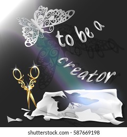 Cutting of paper flying butterfly. vector illustration, origami crafts. Screen background. Black. Written text, to be a creator