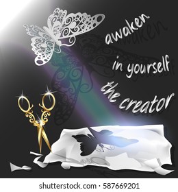 Cutting of paper flying butterfly. vector illustration, origami crafts. Screen background. Black. Written text, awaken in yourself the creator