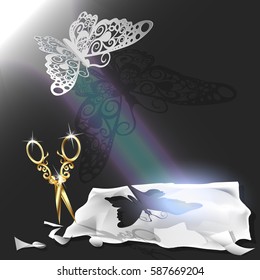 Cutting of paper flying butterfly. vector illustration, origami crafts. Screen background. Black.