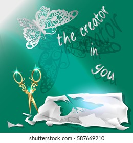 Cutting of paper flying butterfly. vector illustration, origami crafts. Screen background. Green, Written text, the creator in you