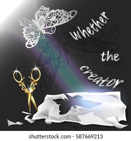 Cutting of paper flying butterfly. vector illustration, origami crafts. Screen background. Black. Written text, whether the creator