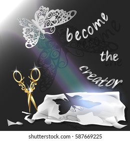 Cutting of paper flying butterfly. vector illustration, origami crafts. Screen background. Black. written text, become the creator