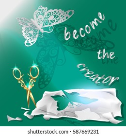 Cutting of paper flying butterfly. vector illustration, origami crafts. Screen background. Green. written text, become the creator