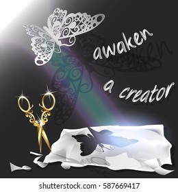 Cutting of paper flying butterfly. vector illustration, origami crafts. Screen background. Black.Written text, awaken a creator