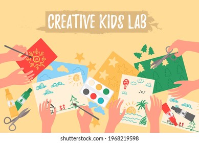 Cutting paper, painting, knitting, embroidery, applique, sewing. Creative kids lab, top view, kids hands. Creative lab, design or teamwork. Classroom preschool activity concept. Vector illustration.