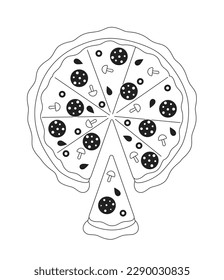 Cutting pepperoni pizza in slices monochromatic flat vector object. Italian restaurant, pizzeria meal. Editable thin line icon on white. Simple bw cartoon spot image for web graphic design, animation