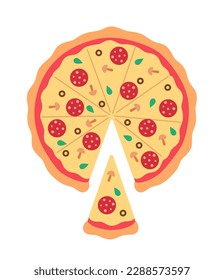 Cutting pepperoni pizza in slices semi flat colour vector object. Italian restaurant, pizzeria meal. Editable cartoon style icon on white. Simple spot illustration for web graphic design and animation