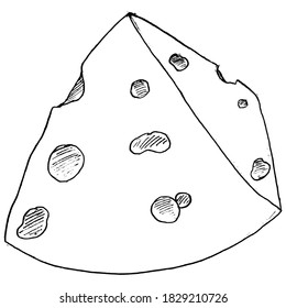 Cutting piece of swiss cheese. Vector, sketch image. Milk food product for daily eating and restaurant. Can be used for printing, coloring book and video