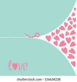 Cutting Pink Scissors And Hearts. Love Card. Vector Illustration.