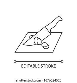Cutting pixel perfect linear icon. Thin line customizable illustration. Meal preparation technique. Food cooking, dinner making contour symbol. Vector isolated outline drawing. Editable stroke