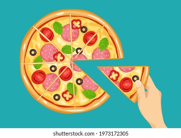 Cutting pizza top view. Hand holds slice of pizza. Vector illustration of fast food in cartoon flat style.