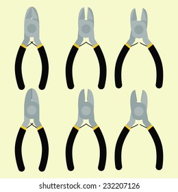 Cutting pliers in different positions. Two sides. Flat style design.