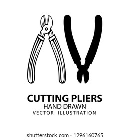 Cutting pliers. Cutting pliers hand drawn vector illustrations set.
Cutting pillars sketch drawing and silhouette versions.