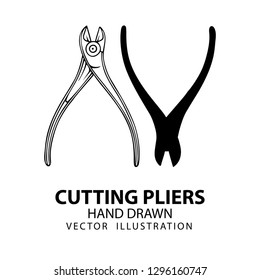 Cutting pliers. Vintage cutting pliers hand drawn vector illustrations set.
Old style cutting pillars sketch drawing and silhouette versions.