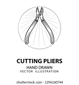 Cutting pliers. Vintage cutting pliers with light rays on background hand drawn vector illustrations set.
Old style cutting pillars sketch drawing logo or emblem design template.