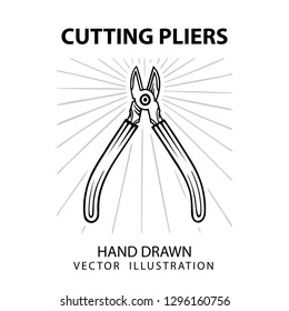 Cutting pliers. Vintage cutting pliers with light rays on background hand drawn vector illustrations set.
Old style cutting pillars sketch drawing logo or emblem design template.