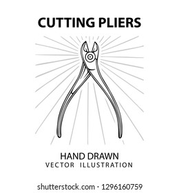 Cutting pliers. Vintage cutting pliers with light rays on background hand drawn vector illustrations set.
Old style cutting pillars sketch drawing logo or emblem design template.