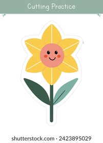 Cutting practice activity with cute flower. Spring worksheet for kids. Educational game for preschool and kindergarten children	