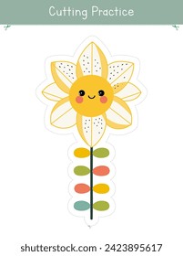 Cutting practice activity with cute flower. Spring worksheet for kids. Educational game for preschool and kindergarten children	