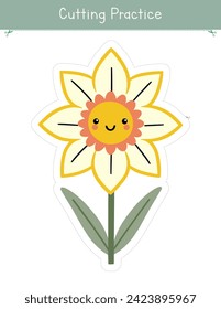 Cutting practice activity with cute flower. Spring worksheet for kids. Educational game for preschool and kindergarten children
