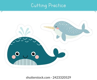 Cutting practice activity for kids with cute blue whale and narwhal. Sea animals worksheet for preschool and kindergarten	