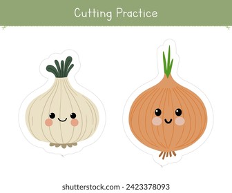 Cutting practice activity for kids with cute onion and garlic characters. Educational game for preschool and kindergarten children	