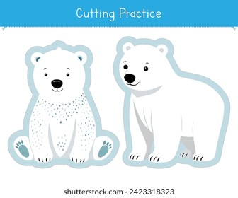 Cutting practice activity for preschool and kindergarten kids with two cute baby polar bears. Educational game for children	
