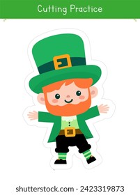 Cutting practice activity for preschool and kindergarten for St. Patrick's Day with a cute leprechaun