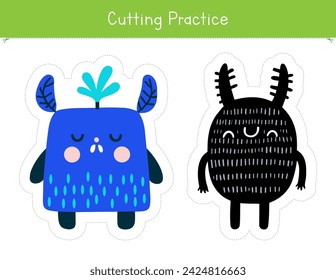 Cutting practice with cute and funny monsters. Fine motor skills worksheet for preschool and kindergarten. Educational game for school and homeschool	