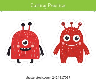 Cutting practice with cute and funny monsters. Fine motor skills worksheet for preschool and kindergarten. Educational game for school and homeschool	