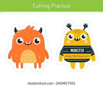 Cutting practice with cute and funny monsters. Fine motor skills worksheet for preschool and kindergarten. Educational game for school and homeschool	