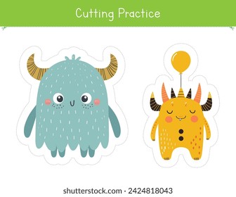 Cutting practice with cute and funny monsters. Fine motor skills worksheet for preschool and kindergarten. Educational game for school and homeschool	