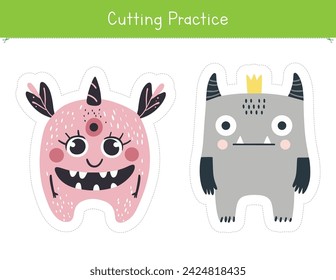 Cutting practice with cute and funny monsters. Fine motor skills worksheet for preschool and kindergarten. Educational game for school and homeschool	