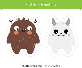 Cutting practice with cute and funny monsters. Fine motor skills worksheet for preschool and kindergarten. Educational game for school and homeschool	
