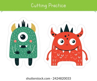 Cutting practice with cute and funny monsters. Fine motor skills worksheet for preschool and kindergarten. Educational game for school and homeschool	