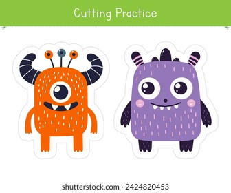 Cutting practice with cute and funny monsters. Fine motor skills worksheet for preschool and kindergarten. Educational game for school and homeschool	